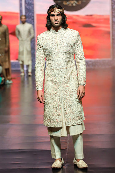 Zari, Dabka, Resham Embroidered Silk Sherwani - Bharat Reshma