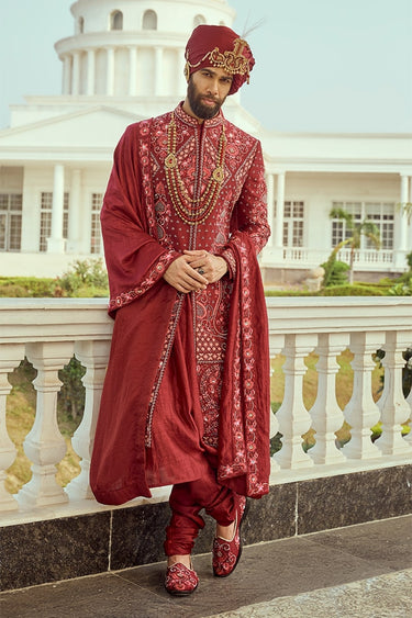 Ruby Hand Embroidered Sherwani for Men - Bharat Reshma