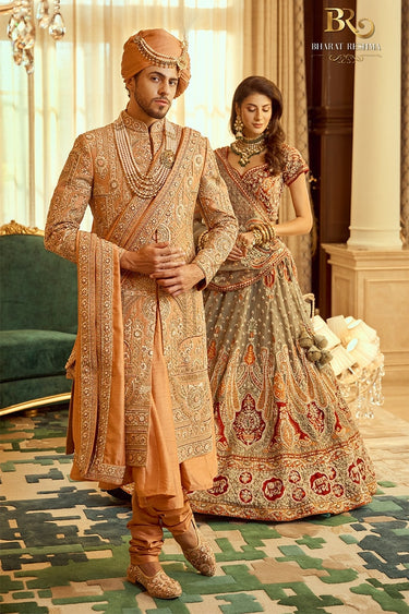 Orange Hand Embroidered Sherwani for Groom - Bharat Reshma