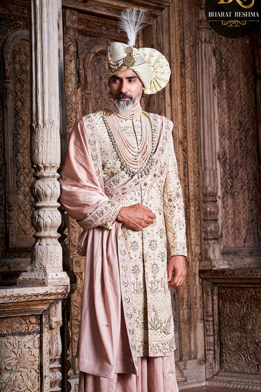 Designer Embroidered Peach Sherwani Set Men - Bharat Reshma