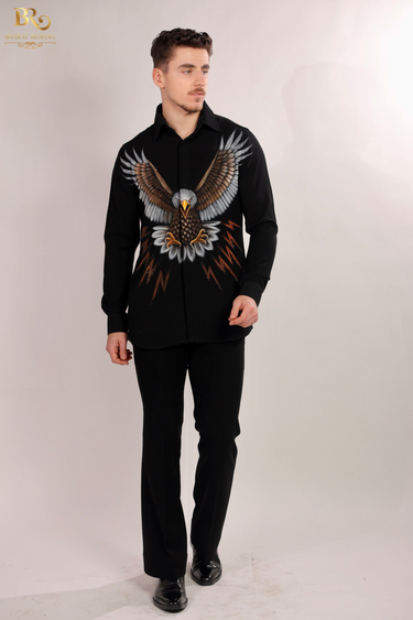Designer Black Full Sleeve Shirt with Hand-Painted Eagle - Bharat Reshma