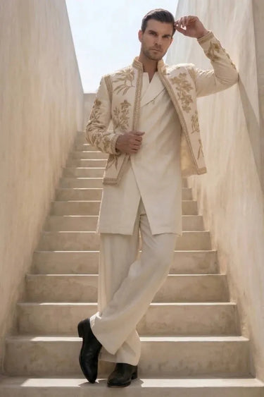 Ivory Zari Drape kurta, Bandhgala set