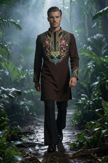 Brown Kurta Set with Multicolor Thread Work for Men - Bharat Reshma