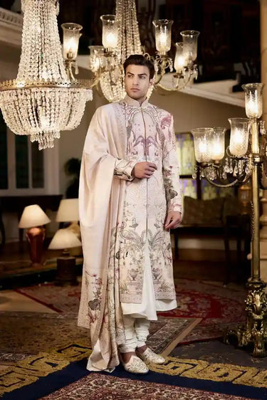 Peach Silk Sherwani with Digital Print & Hand Peacock Zari Work