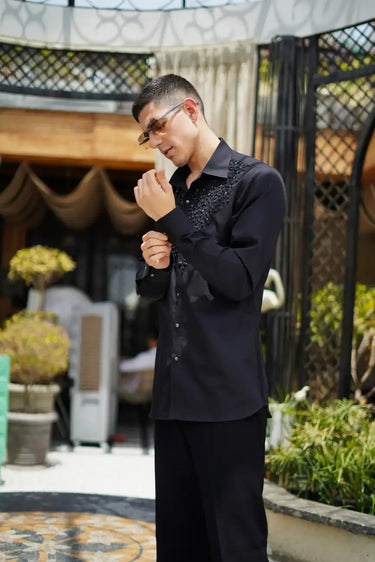 Designer black shirt with Moti and studs embroider