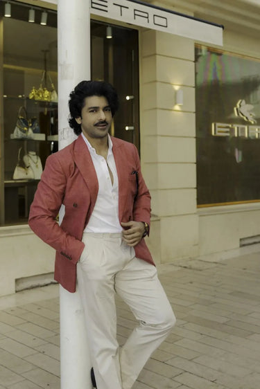 Taaha Shah in Cosmo Pink Linen wool Blazer