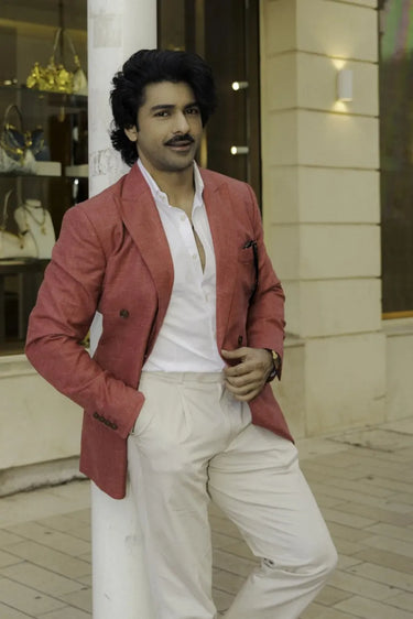 Taaha Shah in Cosmo Pink Linen wool Blazer
