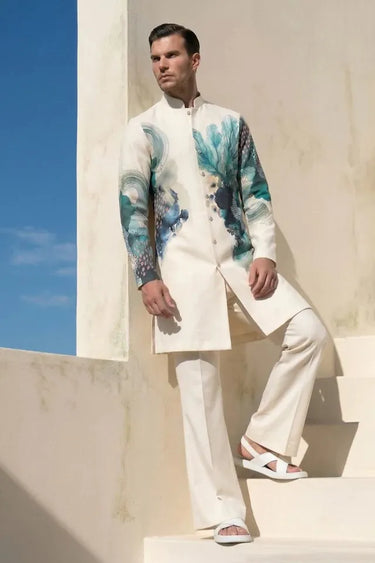Ivory Indo-Western Set with Oceanic Blue Digital Print