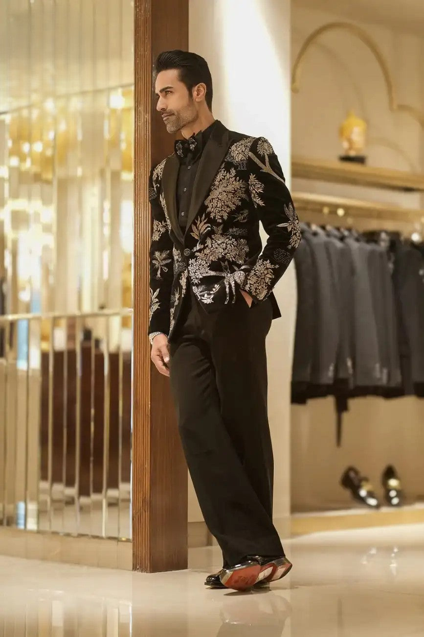 Black tuxedo with Silver Zari embellishments