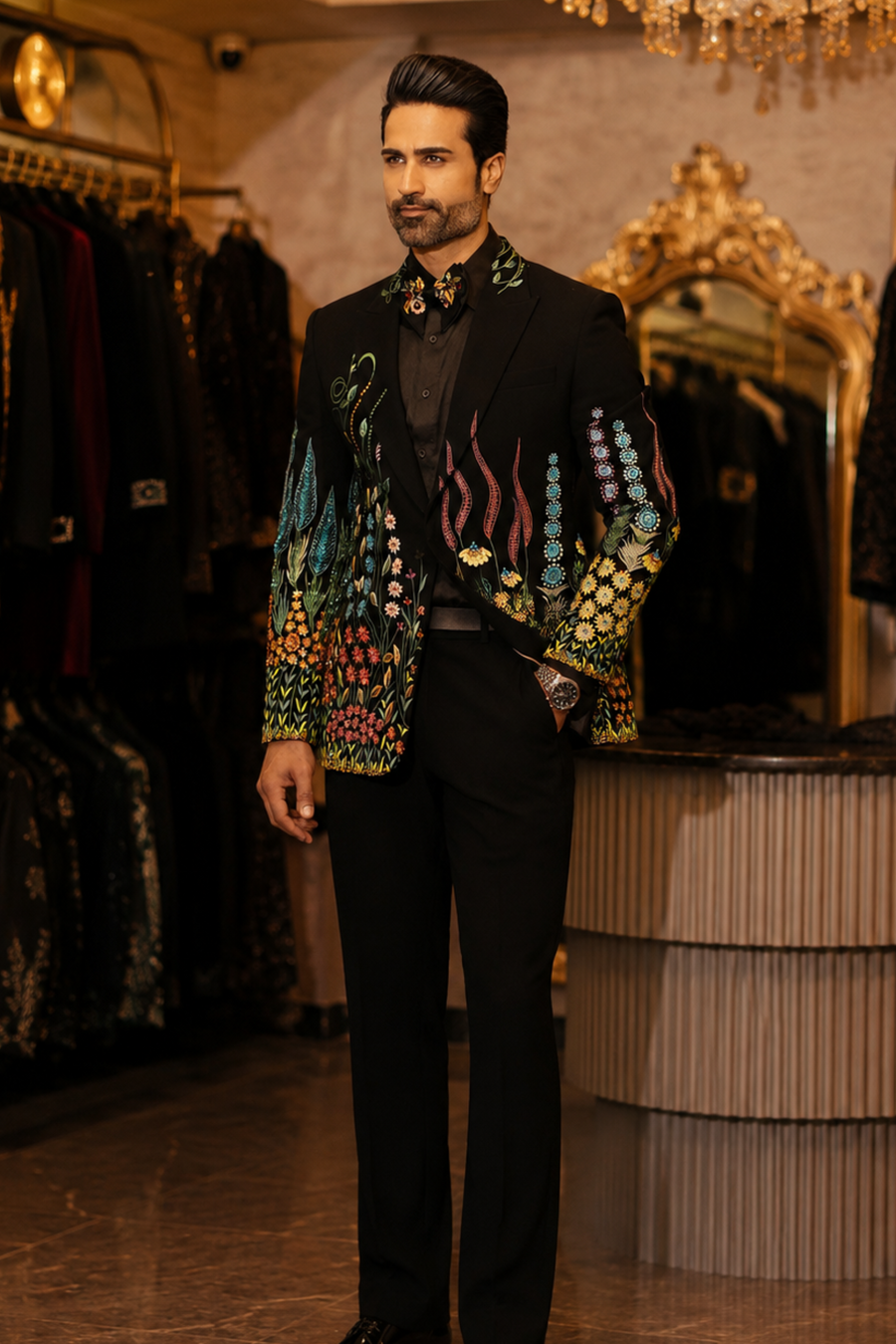 Black Tuxedo with Multicolor Hand Embroidery