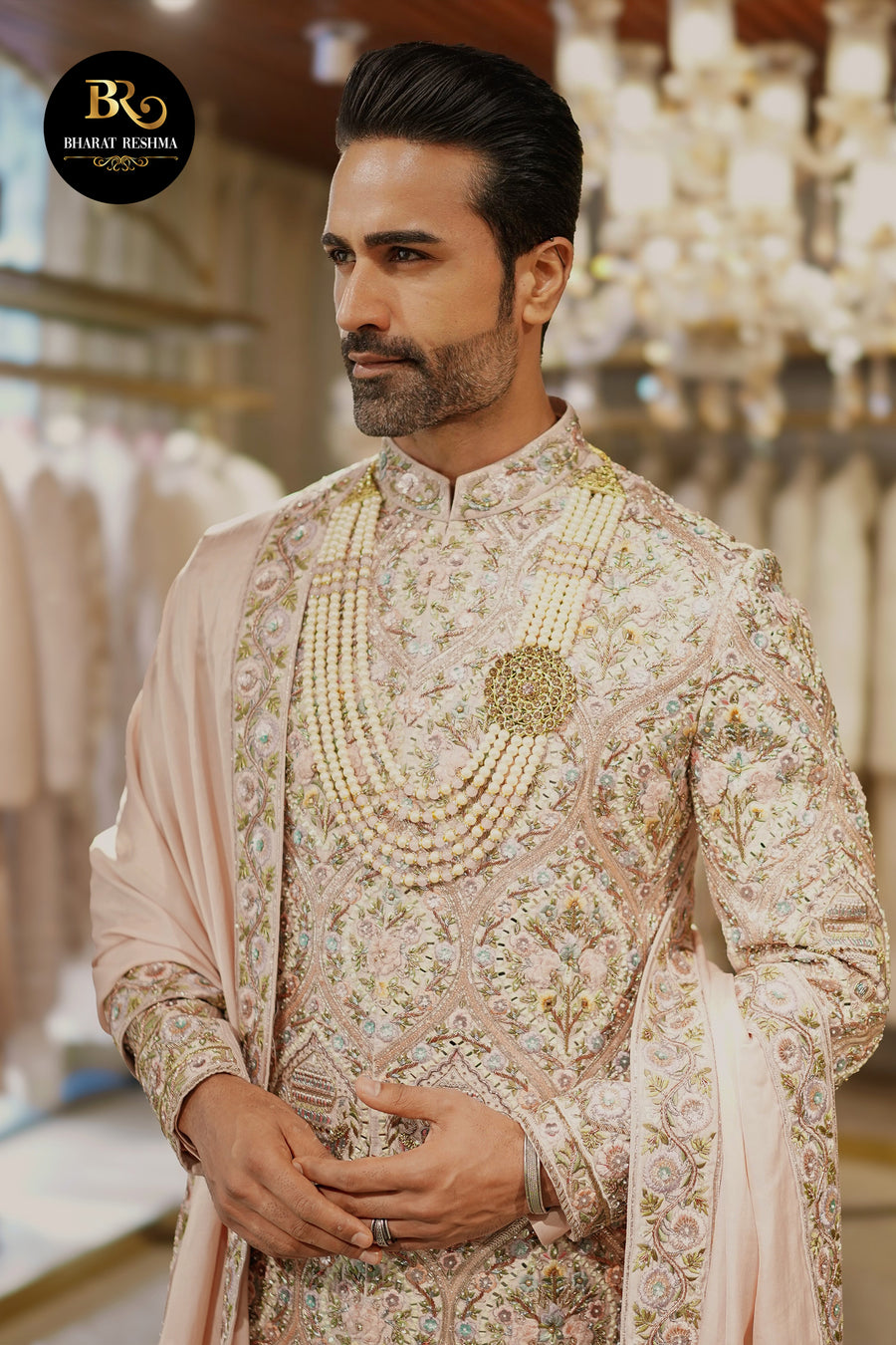 Peach Heavy Embroidered Sherwani Set