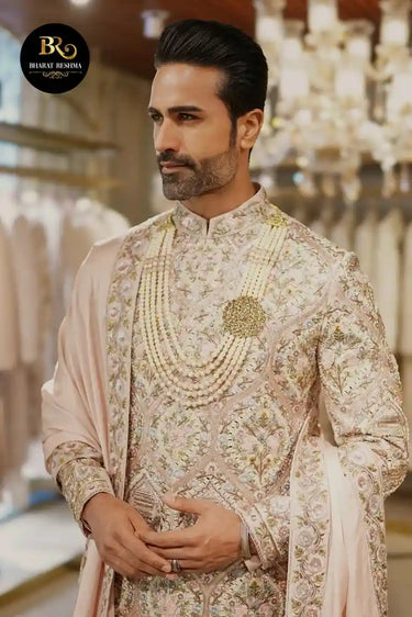 Peach Heavy Embroidered Sherwani Set