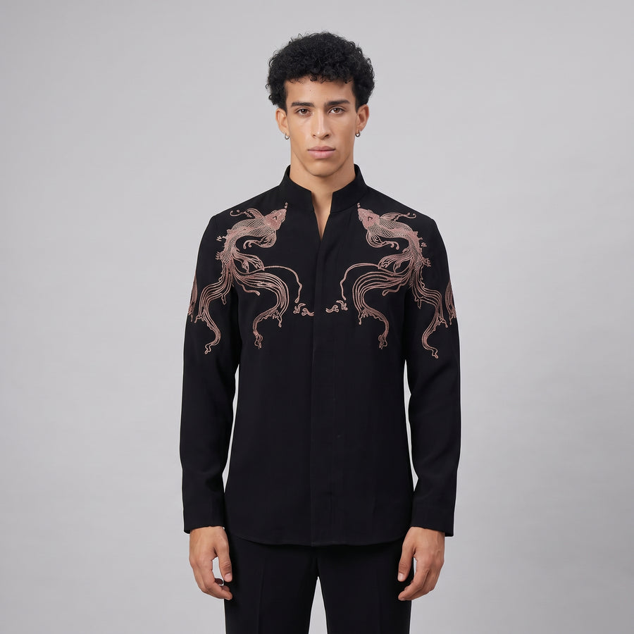 Black V Collar Fish Motifs Embroidered Shirt - Test