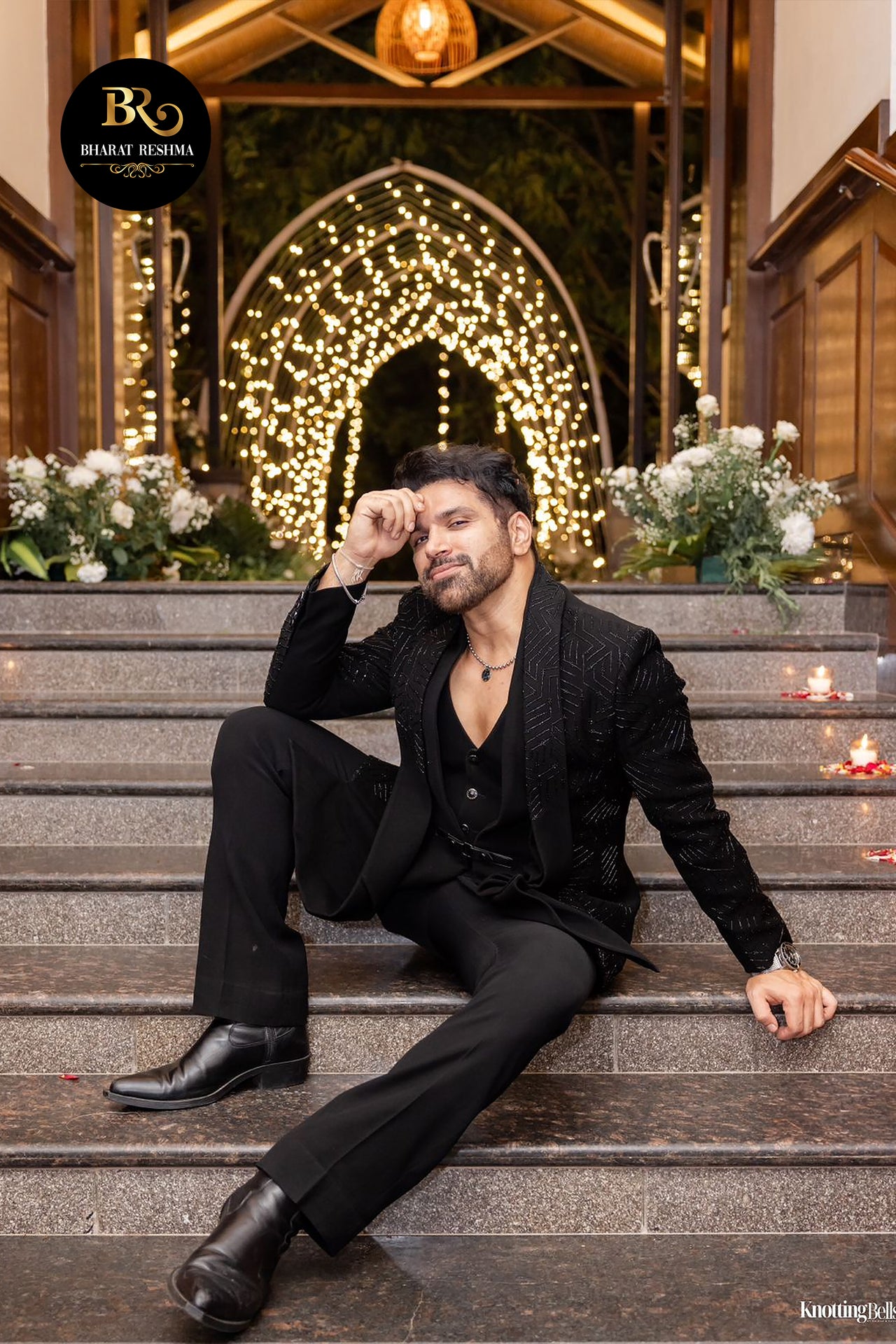 Black tuxedo with cutdana embellishments