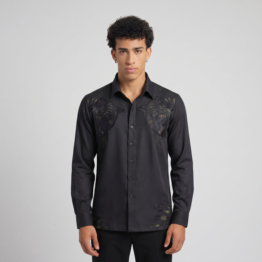 Black Satin Shirt with Tiger Digital Print - Test