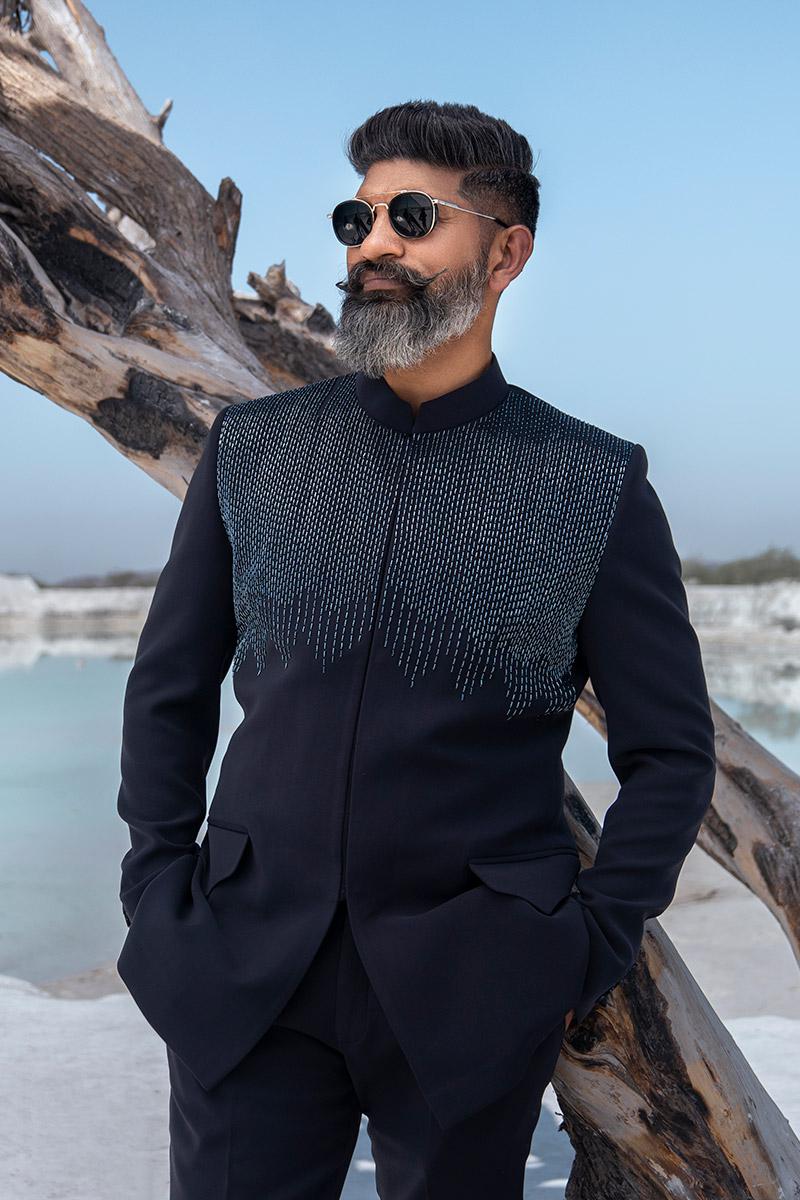Hand Embroidered Grey Designer Bandhgala Suit