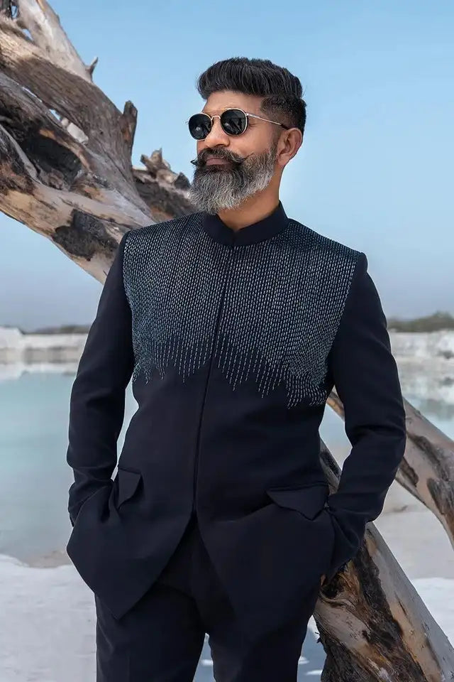 Hand Embroidered Grey Designer Bandhgala Suit