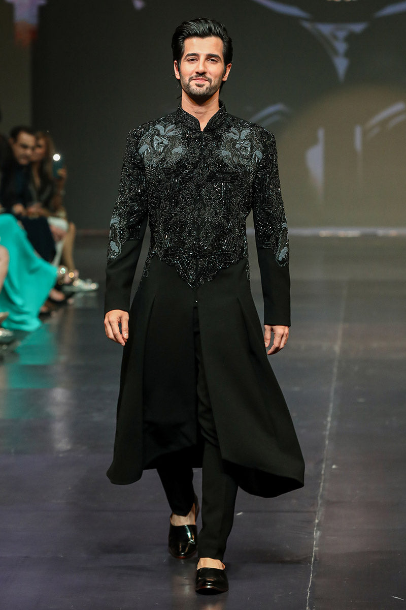 Designer Black Men's Gown with Embroidery - Bharat Reshma