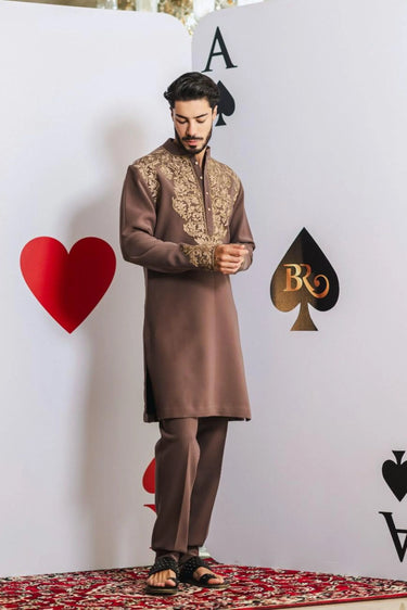Mocha Heritage Kurta Set – Mocha Brown with Copper Aari Embroidery - Bharat Reshma