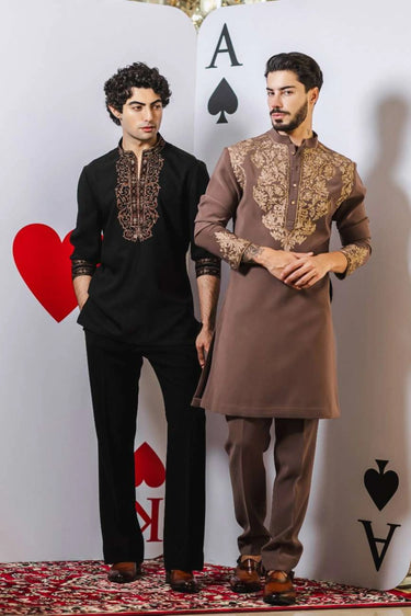 Mocha Heritage Kurta Set – Mocha Brown with Copper Aari Embroidery - Bharat Reshma