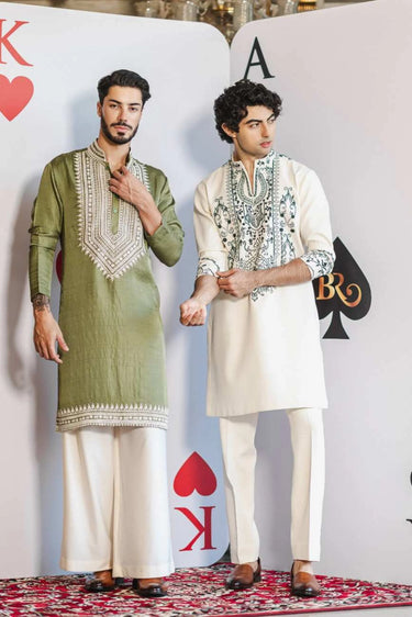 Emerald grace off white kurta set - Bharat Reshma