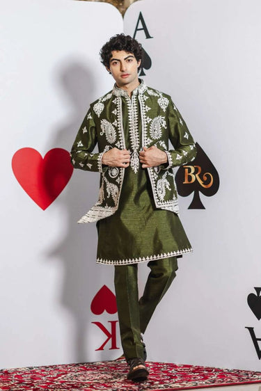 Sufi Green Bundi Set – Seaweed Green with Dori & Hand Embroidery - Bharat Reshma