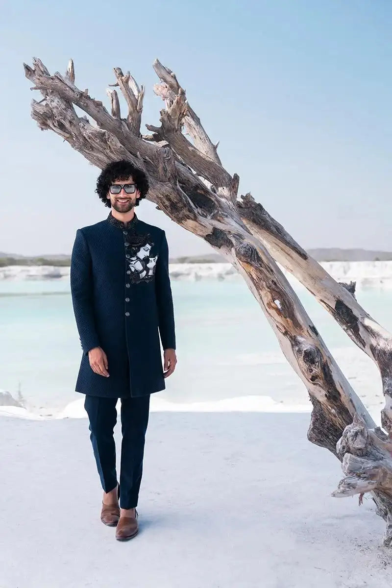 Designer Navy Blue Indo Western Set