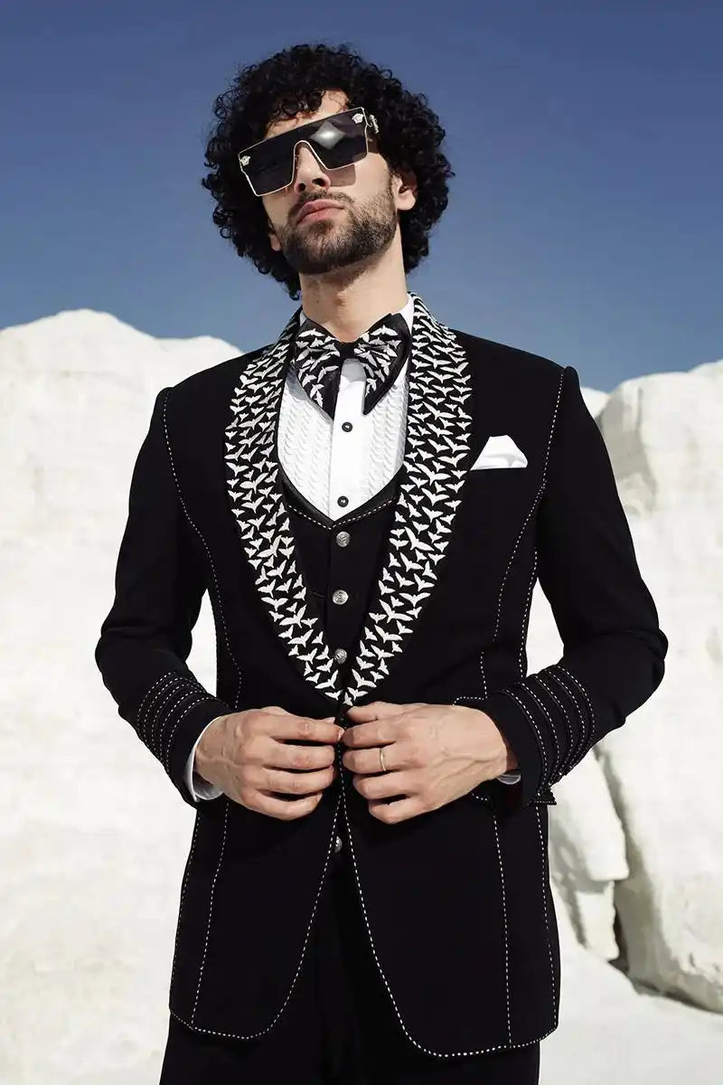 Designer Black Tuxedo 3 Piece Suit - Bharat Reshma