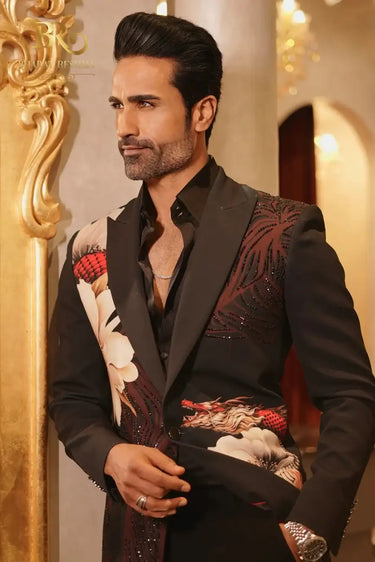 Men's Black Floral Printed Blazer