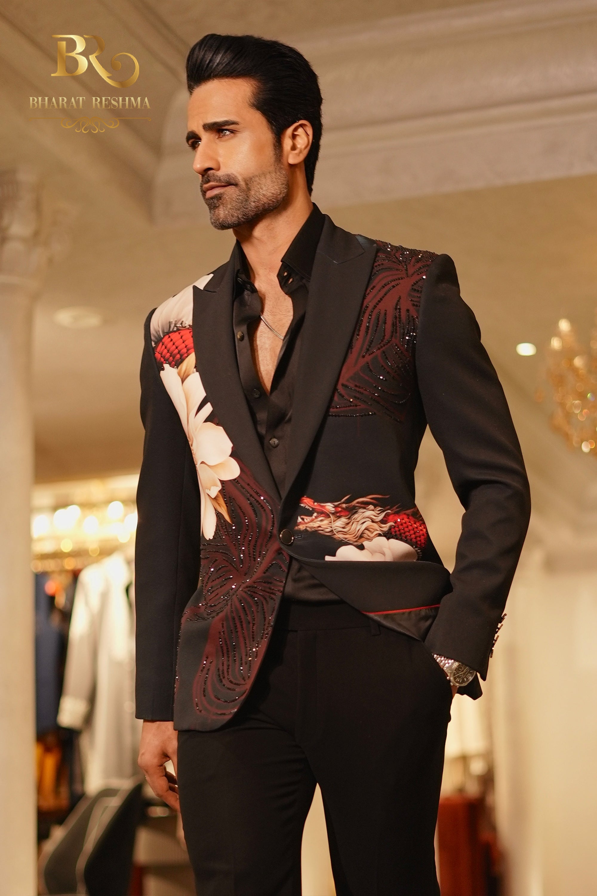 Men's Black Floral Printed Blazer Black XS - Main Image