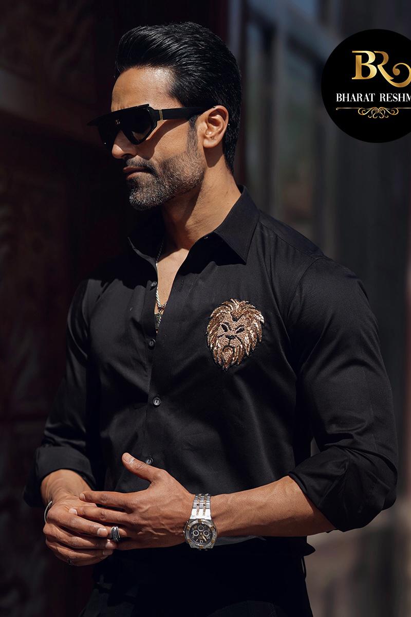 Designer Black Cotton Shirt with Lion Embroidery - Main Image