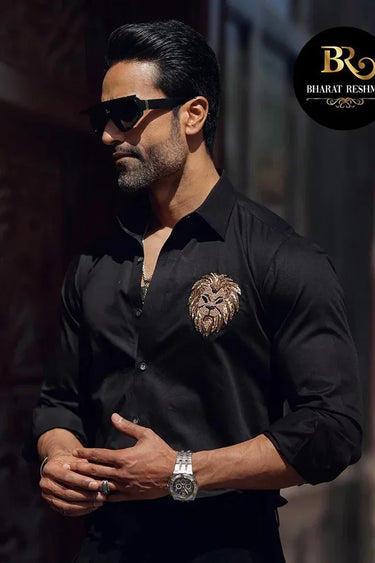 Designer Black Cotton Shirt with Lion Embroidery