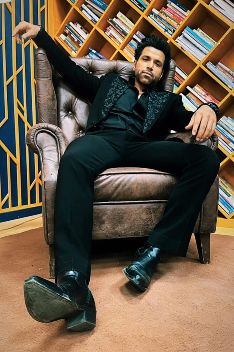 Rithvik in Black blazer with stude embellishment on the collar