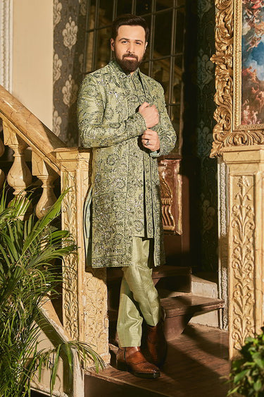 Olive indo-western open jacket in tussar silk base with hand embroidery