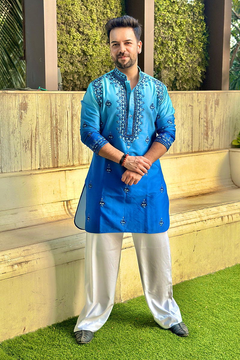 Sanjay Gagnani in Our Blue Silk Embroidery Resham Work Kurta Set