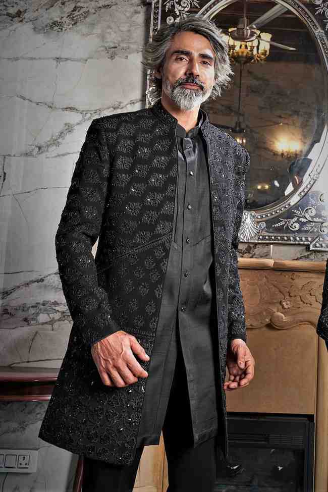 Designer Embroidered Black Indo-Western for Men