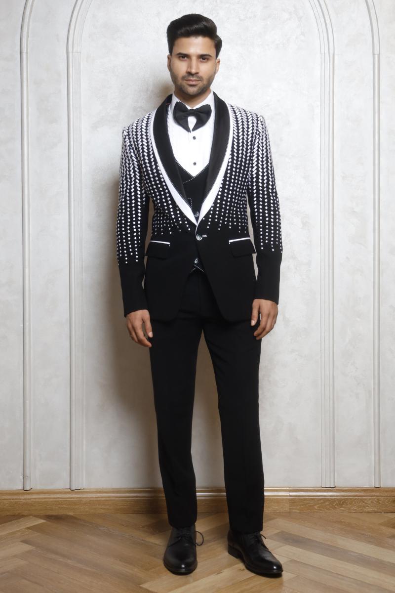 3 Piece Designer Tuxedo Suit with Resham Thread Work