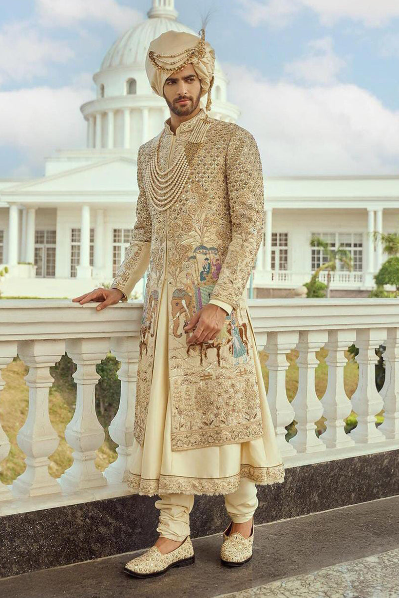 Designer Embroidered Cream Sherwani for Groom