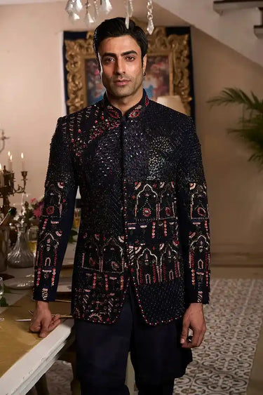 Heavy Work Blue Denim Bandhgala Suit