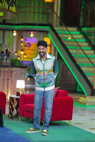 Exclusive Satin Digital Print Zip-Up Jacket Worn by Kapil Sharma - Bharat Reshma