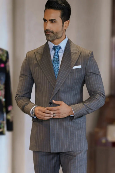 Gray Slim Fit Striped Wedding Formal Blazer Suits