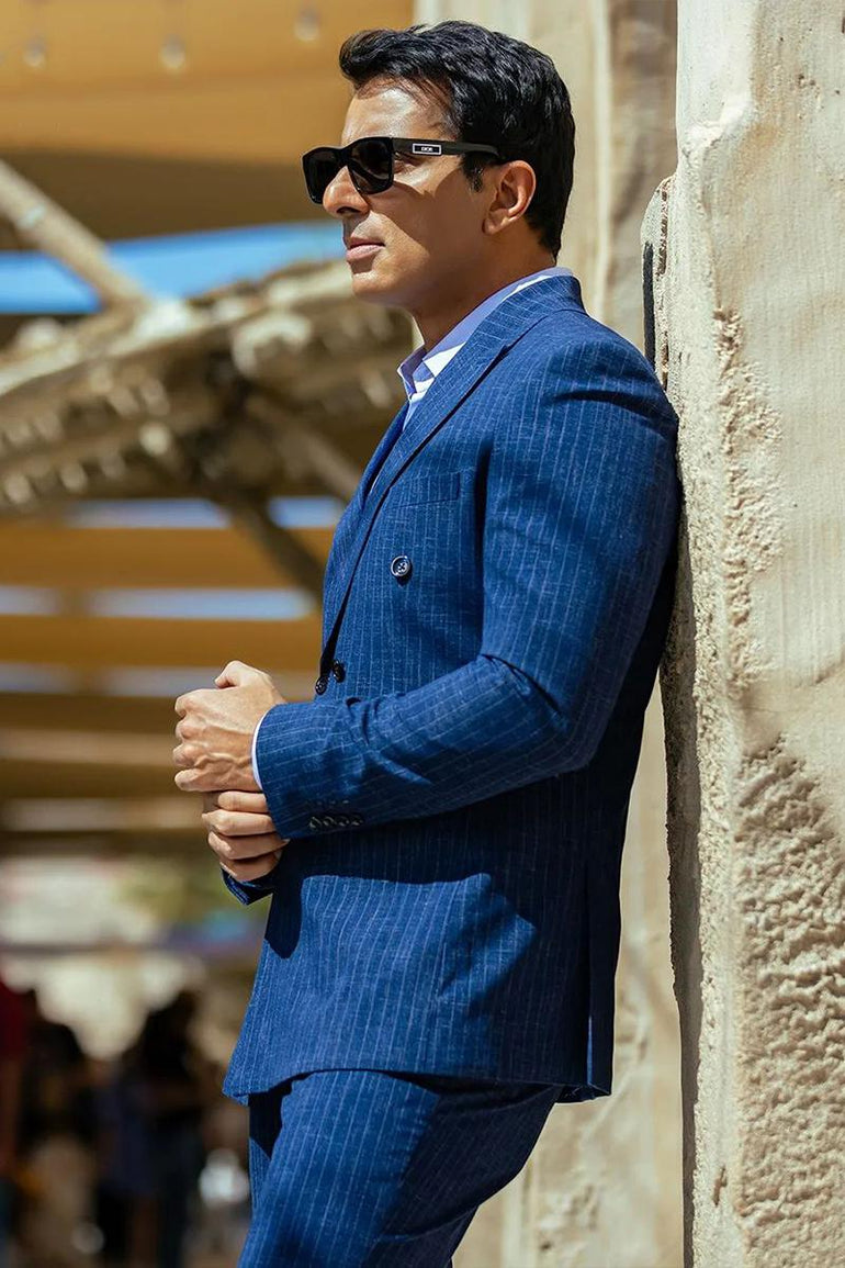 SONU-SOOD in Our Navy blue linen blazer with notched lapel collar