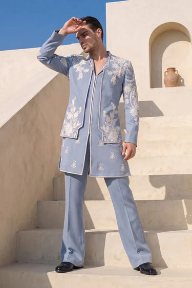 Powder Blue Designer Indo-Western with Floral Embroidery