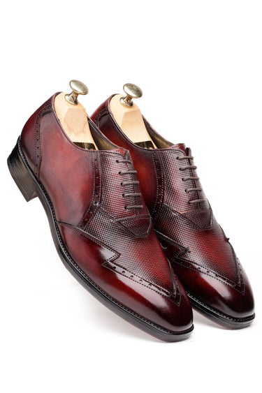 Oxblood Leather Oxford Shoes with Wingtip & Micro-Check Detailing - Bharat Reshma