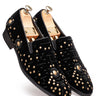 Black Velvet Loafers with Golden Studs & Moti Embellishments - Bharat Reshma