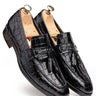 Black Leather Loafers with Croc-Pattern & Tassel Design - Bharat Reshma