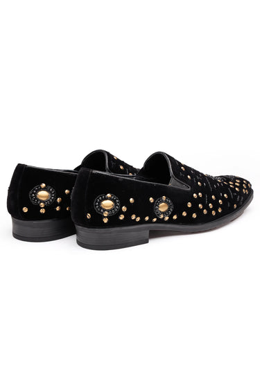 Black Velvet Loafers with Golden Studs & Moti Embellishments - Bharat Reshma