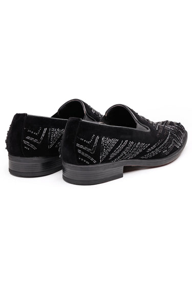 Black Velvet Hand-Embroidered Party Wear Loafers for Men - Bharat Reshma