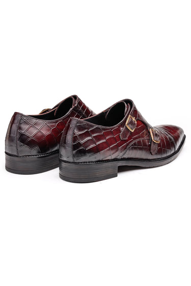 Leather Double Monk Shoes with Crocodile-Embossed Texture - Bharat Reshma