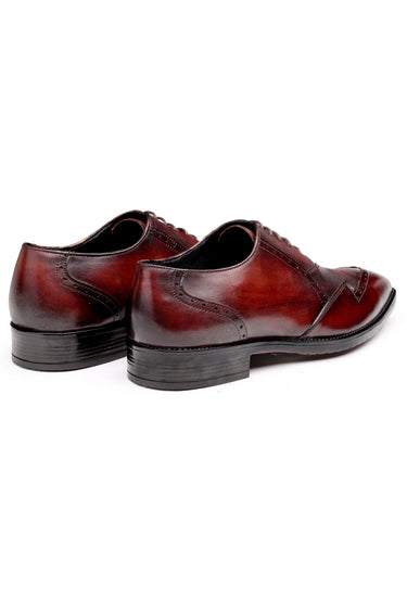 Oxblood Leather Oxford Shoes with Wingtip & Micro-Check Detailing - Bharat Reshma